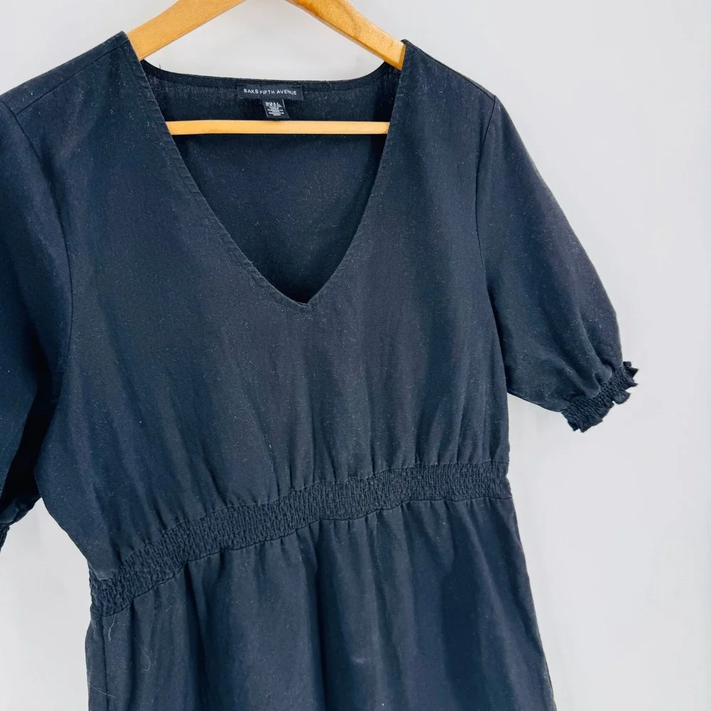 Saks Fifth Avenue Black V Neck Smocked Waist Puff Sleeve‎ Dress Linen Cotton XL